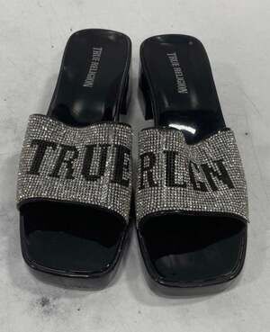 True Religion Avah Black Rhinestone Embellished Logo Block Heel Mule Sandals